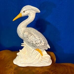 Vintage Coastal Ceramic Elegant White Glazed Heron Figurine Statue 10”